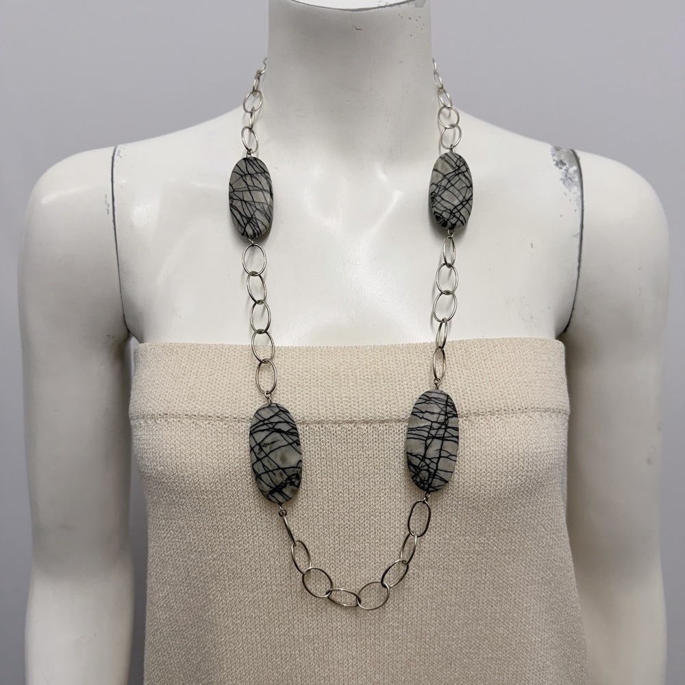 Paola Valentini Sterling Stone Necklace 32" Long Black & Gray Art To Wear